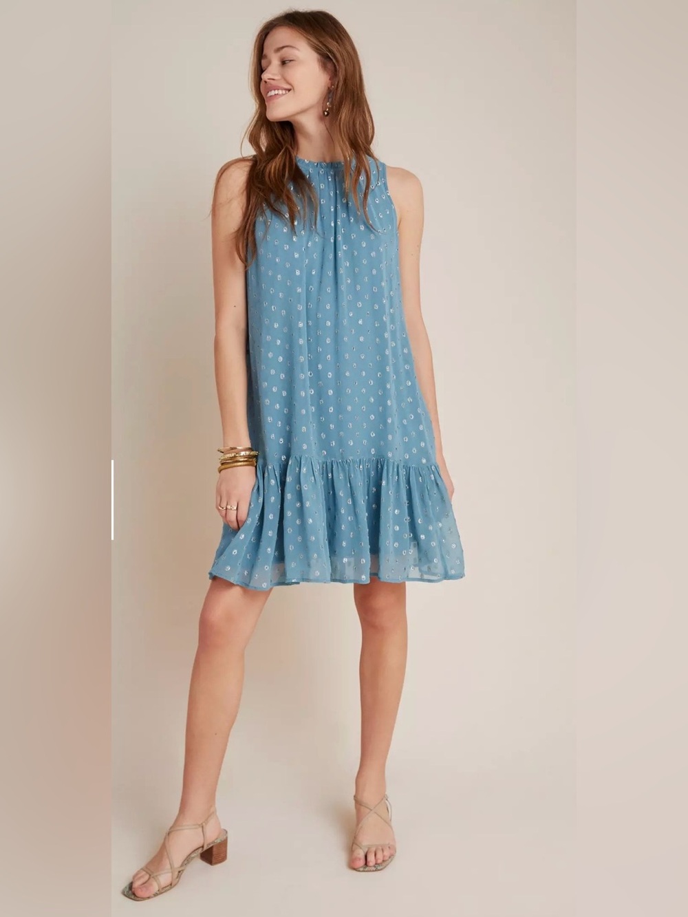 Natalie Flounced Dress Anthropologie Teal Blue Foil Polka Dot Ruffle Size S